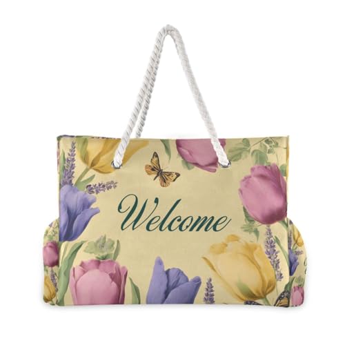 OTVEE Colorful Tulip and Welcome Patterns Beach Bags for Women Ladies Large Canvas Tote Shoulder Bag Waterproof Travel Bags for Gym Swim Pool Camping2