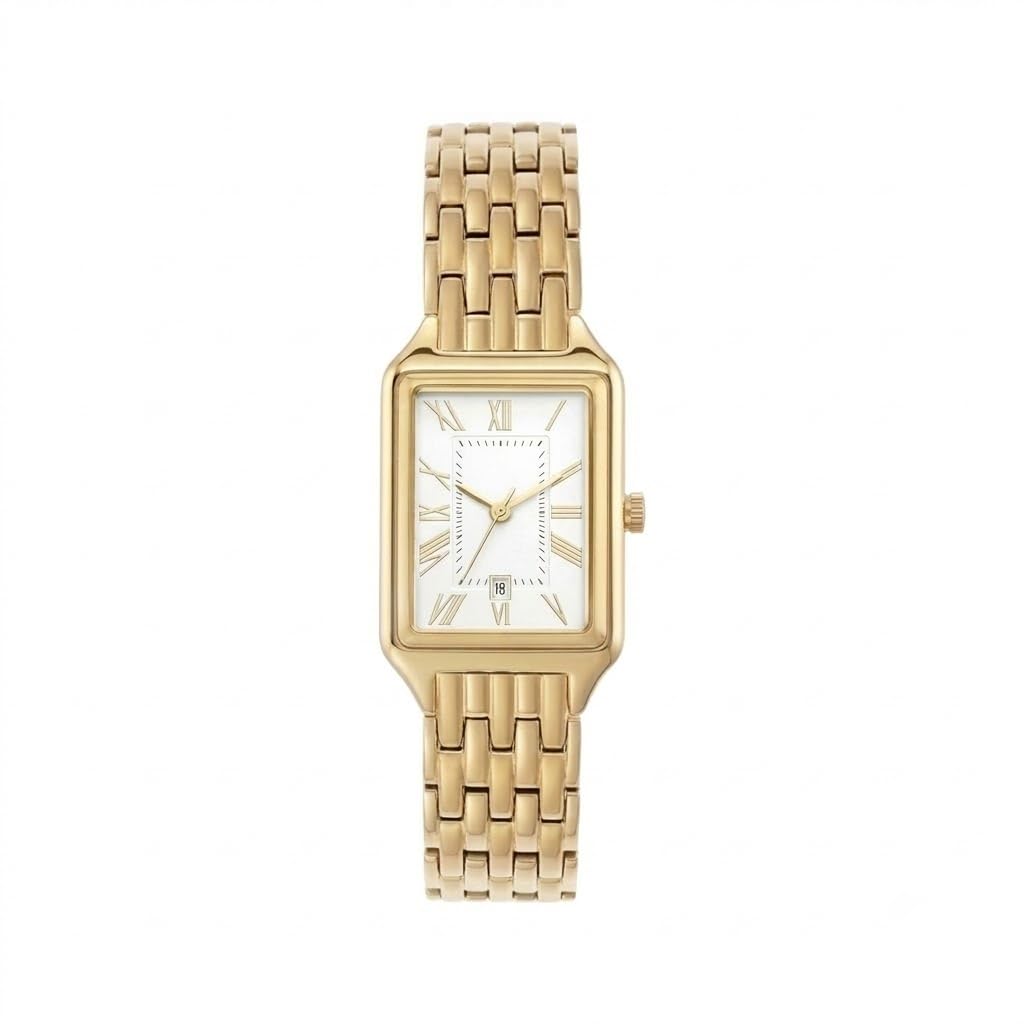 Women's Classic Rectangular Gold-Tone Women's Watch – Vintage Style Dress Wristwatch with Roman Numerals, Date Display & Elegant Link Bracelet-image-7