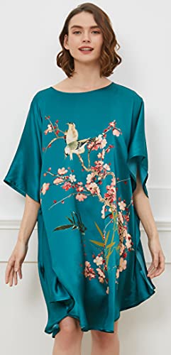 Ledamon Women's 100% Silk Short Robe Bathrobe Nightgown Pajama Sleepwear -Classic Batwing Sleeved (Dark Green) #TOP5