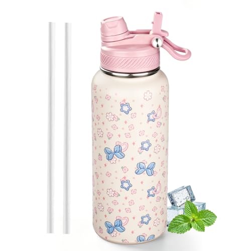 Image of 32 oz Insulated Water Bottle with Leak-proof 2-in-1 Straw and Spout Lid,Stainless Steel Sports Water Bottle with Handle,Double Wall Vacuum Metal Water Flask for Travel Camping School(Bow,1)