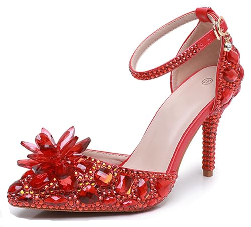Minishion Womens Rhinestone Wedding Shoes Pumps with Flower Evening Prom Heels