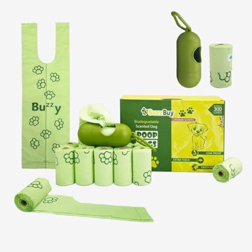 Buzzbuy Compostable Dog Poop Bags, 300 poo bags dogs with tie handles & Dispenser | Earth Friendly, Extra Thick & Leak-Proof | Easy-Tear, Lavender-Scented Biodegradable Poop Bags for Dogs (20 Rolls)
