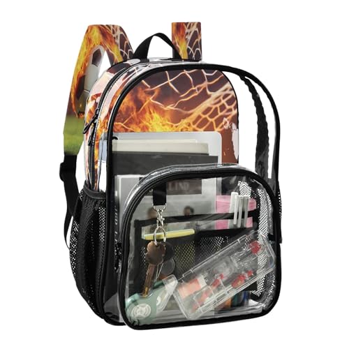 Soccer Flying with Fire Clear Backpack Heavy Duty See Through Transparent PVC BookBag for Kids Boy Girl School Work2