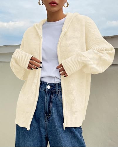 Image of SOLY HUX Zip Up Cardigan for Women Hooded Cardigan Sweater Knitted Drop Shoulder Fall Clothes Winter Hoodies Outerwear