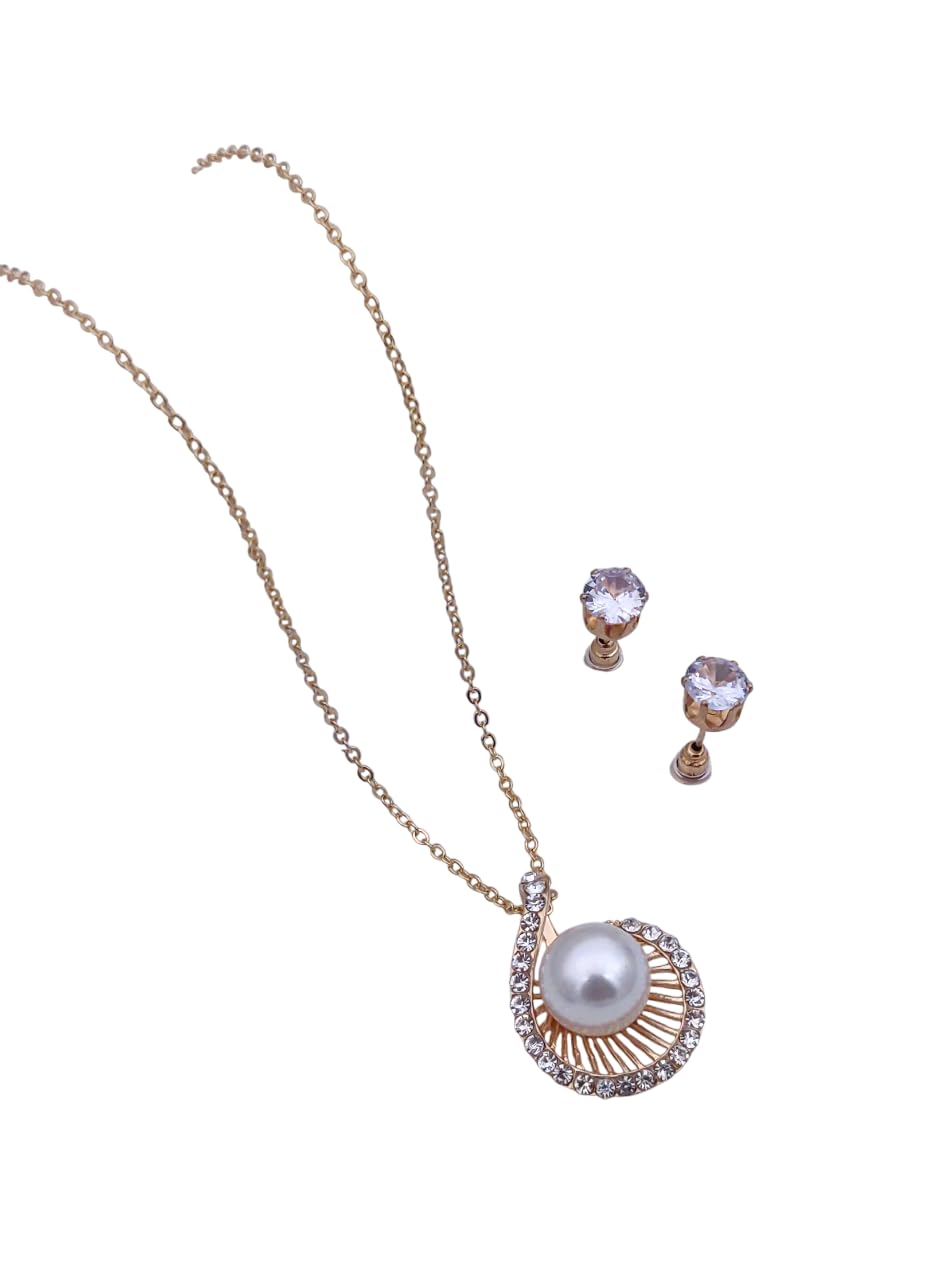 RARE1STUDIO Elegant Pendant Necklace Set with Crystal Earrings, Gold-Toned Chain, Wedding & Festive, Gift For Her, Jewellery Set For Women and Girls