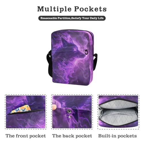 Crossbody Bag Neon Glowing Purple Flame Wolf Anima Messenger Bag for Women Men Purse Shoulder Bag Satchel Bag with Adjustable Strap 202b5968l2