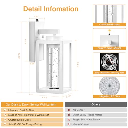 Image of VIANIS White Outdoor Sconce Lights Integrated LED Light Source, Anti-Rust | Dusk to Dawn Sensor, Crystal Bubble Glass, Fade-resistant, Waterproof Exterior Light Fixture Wall Mount Lantern for House