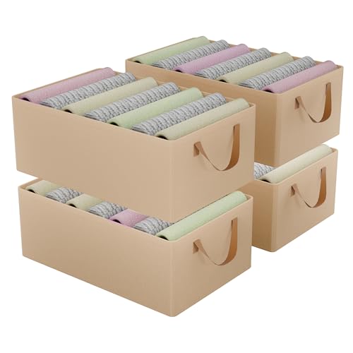 Image of Kuber Industries Pack of 4 Foldable Cloth Organizer for Storage with Steel Frame & Sturdy Handles | Space-Saving Dress Organizer Boxes for Cupboard, Shelves & Wardrobes | LJ-2-BG | Beige