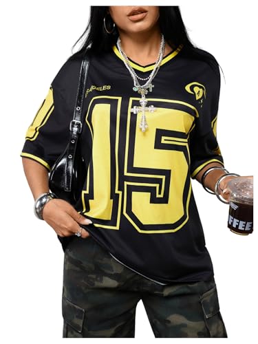 Image of SOLY HUX Jersey Shirts for Women Number Graphic Print V Neck Baggy Tees Hip Hop Streetwear