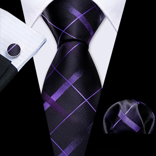 Image of Barry.Wang Mens Tie Set Plaid Check Neckties Formal Business Wedding Luxury Pocket Square Cufflinks