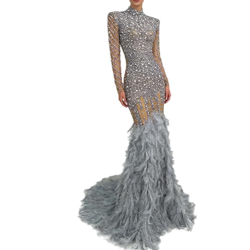 Women Pearl Rhinestone Feather Trailing Mermaid Gown Celebrity Gala Formal Evening Dress for Wedding Party Performance (US, Alpha, One Size, Regular, Regular, Grey)