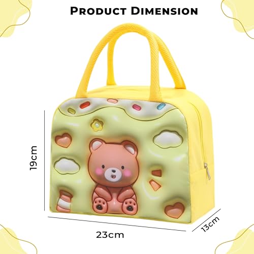 Image of Kraptick Compact & Stylish Design Printed Tiffin Bag for Children Insulated Lunch Bag for Kids Perfect Leakproof Keeps Hot and Cold Lunch Bag for School (Yellow Brown Bear)