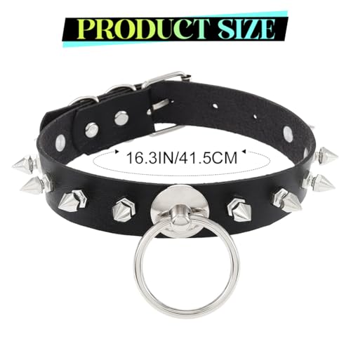 ACEDRE Spiked Leather Choker Black Studded O Ring Goth Collar for Women and Men4