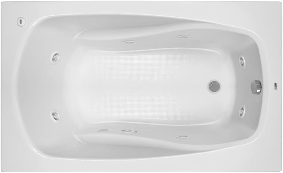 Minn fuq għal isfel view of the PROFLO PFWPLUSA6032 Lansford whirlpool bathtub, showing the white acrylic surface, 8 chrome jets, and central drain.