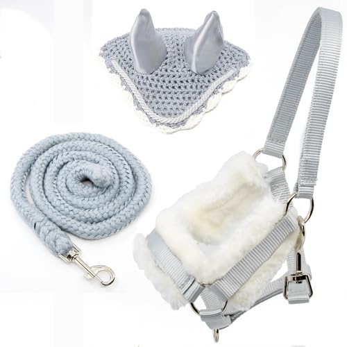 Set accessori per Hobby Horse – Capestro con morbida imbottitura GRIGIA, lunghina e cuffia antimosche grigio-bianca per attività di Hobby Horsing – compatibile con cavalli a bastone taglia A4 e A3