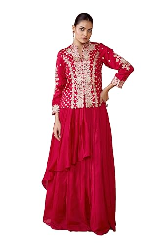 Image of madhuram textiles womens' Vichitra Silk Embroidery Dori Dori Work Short Top With Skirt Set(M-2506 Pink)