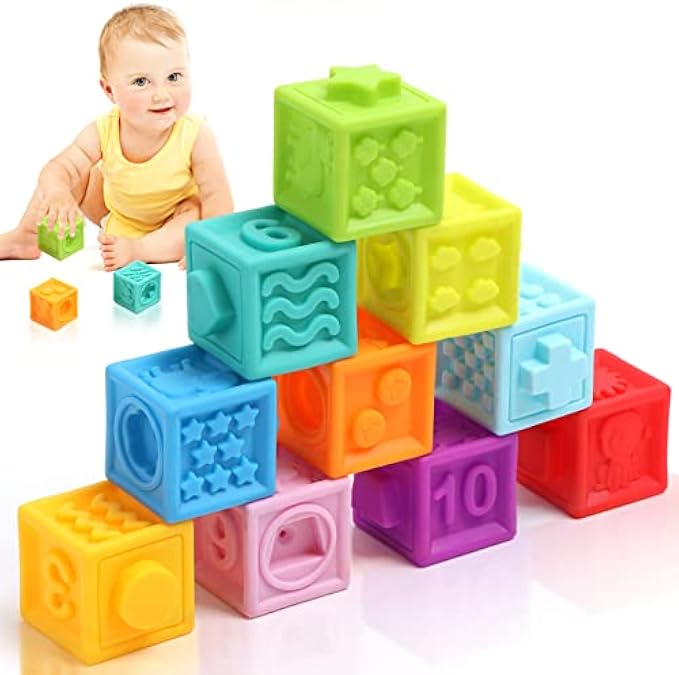 Baby Blocks Soft Building Blocks Baby Toys Teethers Toy Squeeze Play with Numbers Animals Shapes Textures 6 Months and Up,BPA-Free Chewing Toy for Boys&Girls