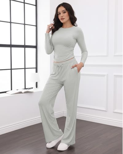 Image of ZOOSIXX Lounge Sets for Women - 2 Piece Outfits Crop Tops with Fold Over Flare Leggings Fall Loungewear Fitted Pajama