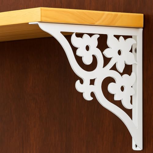 Image of Wall Shelf with Wooden Top Black|White Iron Brackets Storage Rack|Industrial Wall-Mounted Floating Shelf for Living Room,Kitchen,Bathroom (White Triple Floral Small)