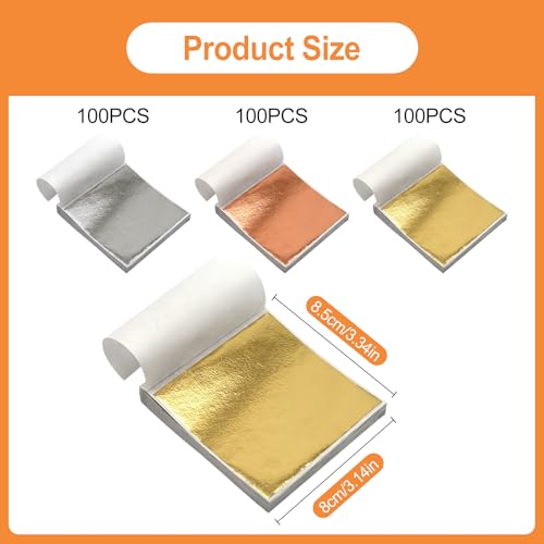 300 Blatt Imitation Blattgold, 8 x 8.5cm Blattgold Imitation, Goldpapier zum Basteln, für Kunstprojekt, Handwerk Dekoration, Nägel, DIY Kreation, Makeup, Möbel Dekoration (Gold, Silber, Rose Gold)