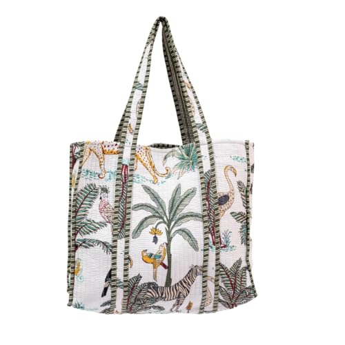 Bolso tote acolchado grande de tela de algodón para viaje, compras y fines de semana con bolsillo interior - Tema safari tropical miniatura 1