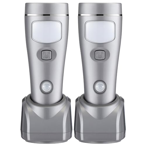 Enhon 2 Pack 4 in 1 LED Emergency Lights for Home Power Failure, Rechargeable Plug in Flashlight Motion Sensor Night Light, Automatic Turn On Power Outage Light for Home Hurricane Supplies (Silver) by Enhon - Used condition - US$17.19