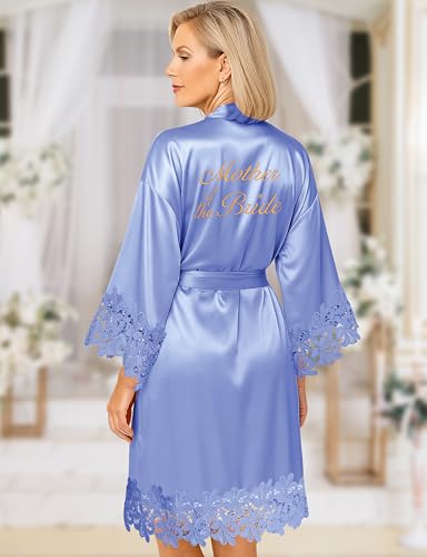 Image of EPLAZA Bride Robe for Wedding Day Set Bridal Robe Lace Trim Silky Embroidery Satin Kimono for Bridal Party