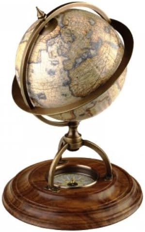 ProPassione Globe with Walnut Base, antique design, bronze stand, compass, Dimensions: h 21, globe Ø 14,5 cm