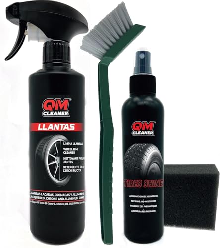 QM Cleaner Kit Limpieza y brillo de Llantas y Neumáticos para Coche | Incluye 500ml Limpia Llantas, 200ml Abrillantador de neumáticos, Cepillo y Esponja Kit completo Automovil
