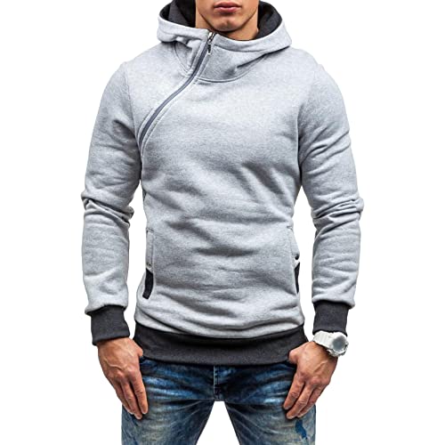 Maiyifu-GJ Men's Long Sleeve Diagonal Zipper Hoodies Zip Up Slim Fit Athletic Hoodie Hip Hop Hooded Sweatshirts with Pocket (Light Grey,Large)