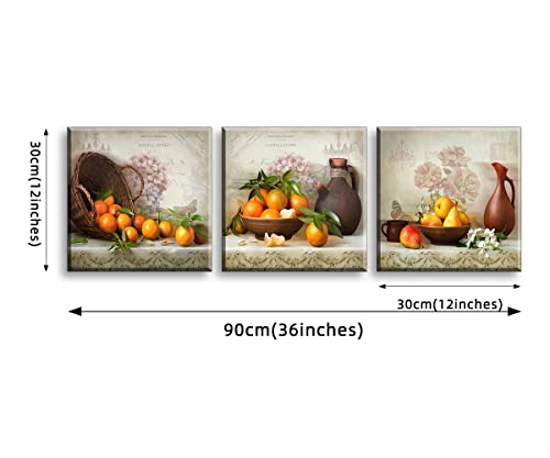 Fruits Canvas Wall Art, Oranges In Basket Pears In Bowl Vintage Picture, Flowers On Talbe Retro Painting, Perfect Combination Of Antiques And Fine Art Home Decor For Kitchen Dining Room (Waterproof) #TOP1
