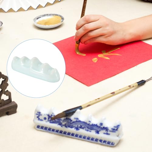 Image of PATIKIL Calligraphy Brush Holder, 2 Pack 4 Ports Solid Ceramic Chinese Calligraphy Brush Rest for Writing Painting Pen Brush Rack Holder Tool, White