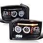 Spec-D Tuning Glossy Black Dual Halo LED Projector Headlights Compatible with 2005-2007 Dodge Dakota Left + Right Pair Headlamps Assembly