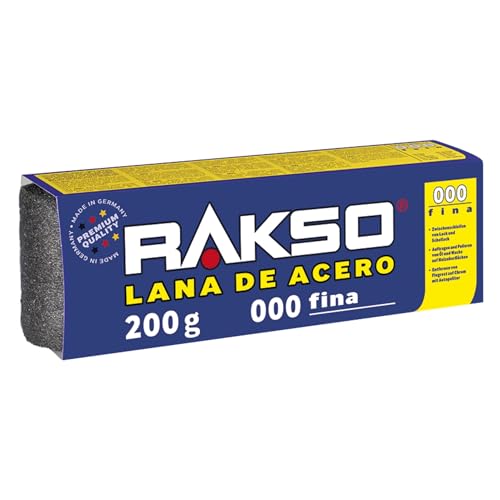 RAKSO Lana de Acero Fina 000 – 400 g, 2 rollos de 200 g, lijado intermedio de barniz y goma laca, pule cobre, latón y aplica aceite o cera en madera