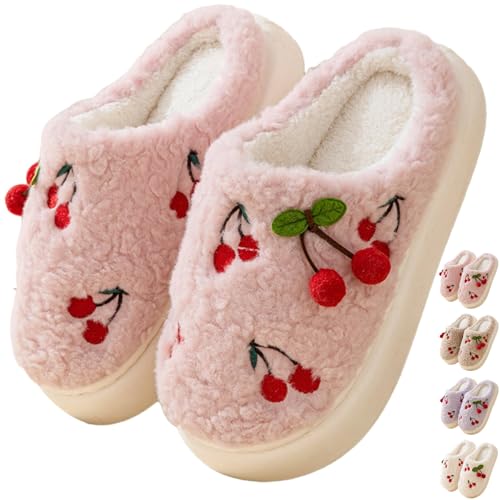 Women's Cherry Slippers Cozy Winter Warm Fuzzy Slippers with Non-Slip Sole Cute Indoor Home Slip On Plush Bedroom House Shoes Gifts