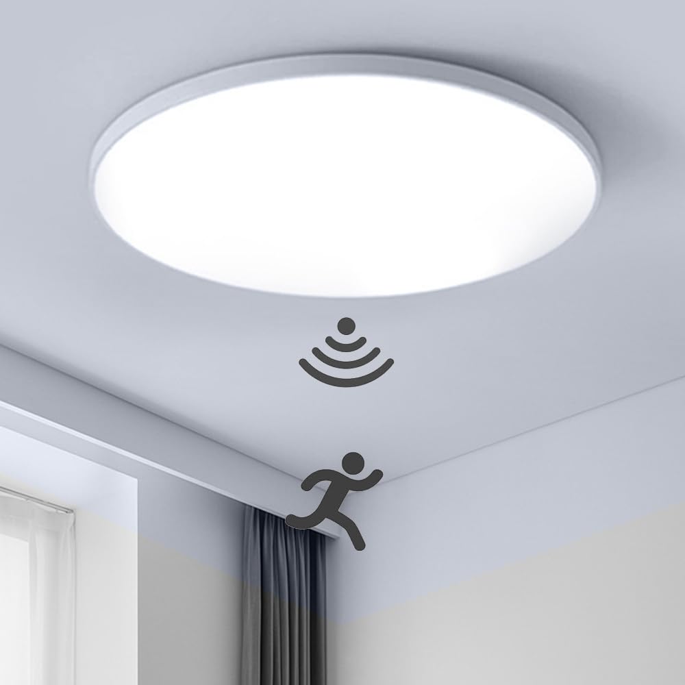 Mengjay LED Ceiling Light with Motion Sensor,Modern Flush Ceiling Light,Cool White Bathroom Ceiling Light for Hallways, Garages,Basements, Carports,Balcony (White, 18W)