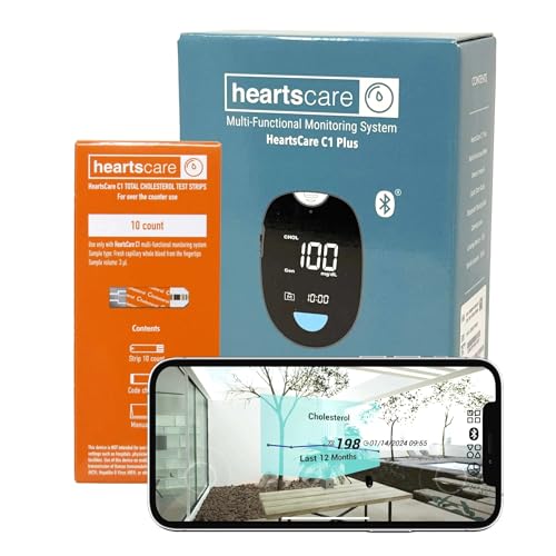 HeartsCare C1 Plus Total Cholesterol Meter Test Kit at Home with TC 10 count with 3D bluetooth HeartsHome app