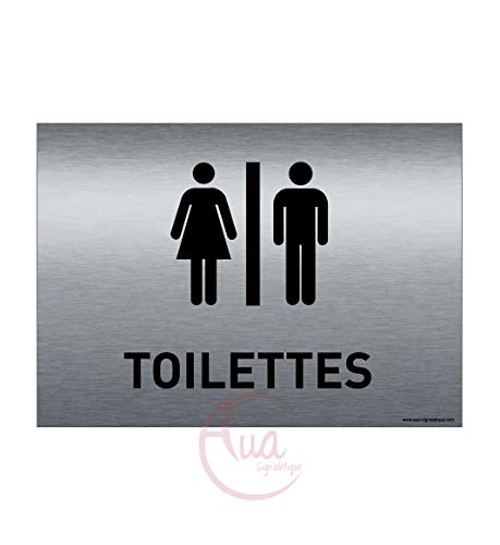 AUA SIGNALETIQUE - Plaque de porte Aluminium brossé imprimé AluSign - 210x150 mm - Double Face adhésif au dos (Toilettes H/F)