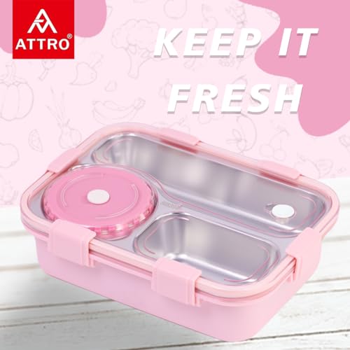 Image of ATTRO Lunch Pro Deluxe 3 Lunch Box with Detachable Inner Steel Compartments, Spoon, one Small Container, Heating Water Insulation Design, Foodgrade, Leakproof-750ml Pink