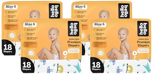 Image of Hello Bello Premium Baby Diapers Size 5 I 18 Count of Disposable, Extra-Absorbent, Hypoallergenic Baby Diapers with Snug and Comfort Fit I Sleepy Sloth (Pack of 4)