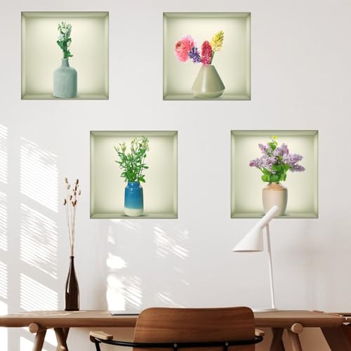 4 Pezzi 3D Vaso Adesivo da Parete Pianta Verde Adesivi Parete Cucina Adesivi Decorativi Adatto per Decorare Camere da Letto Soggiorni Alberghi e per Ricoprire Pareti Danneggiate