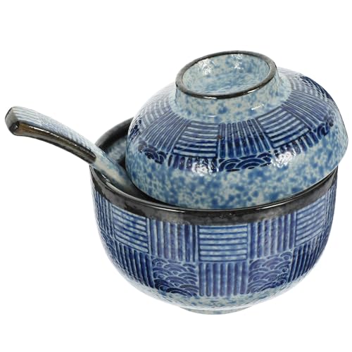 CLISPEED Juego de Cuencos de Cerámica Japonesa Estilo Edo para Sopa Miso con Tapa y Cuchara, Tazón Pequeño de Vapor Decorativo Azul con Ondas Marinas, Adecuado para Cocina y Restaurante, 2