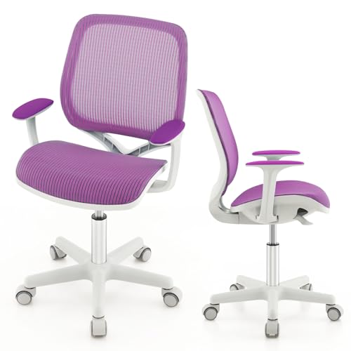 COSTWAY Silla de Escritorio para Niños, Silla Infantil Giratoria para Computadora con Altura Ajustable, Ruedas con Freno, Reposabrazos Lisos, Silla Ergonómica de Estudio para Niño (Morado)