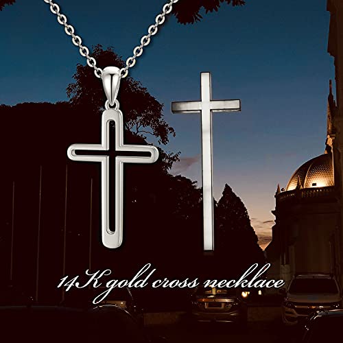 14K Solid Gold Cross Necklace, Delicate White Gold Faith Cross Pendant Necklace Anniversary Religious Jewelry Gift For Women, Girls 16"-18" #TOP5