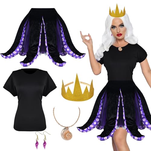 Halloween Octopus Costume Adult Under The Sea Costume Halloween Costumes for Women with Black Purple Tentacle Skirt Tutu Skirt T-shirt Necklace Earrings Crown