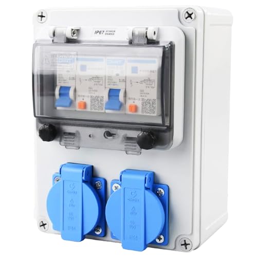Baustromverteiler 16A, Distribuidor de Corriente para Interruptor Diferencial, 2 * 230V Wandverteiler Enchufes Tapo, Cuadro de Pared Precableado uso al Aire Libre, Camping, Caravana, Obras