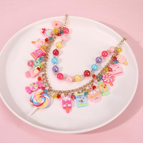Candy Layered Necklaces for Women Novelty Colorful Beads Lollipop Sweet Candy Bear Ice Cream Dessert Cake Pendant Choker Necklace for Birthday Halloween Holiday Party Jewelry Gift2