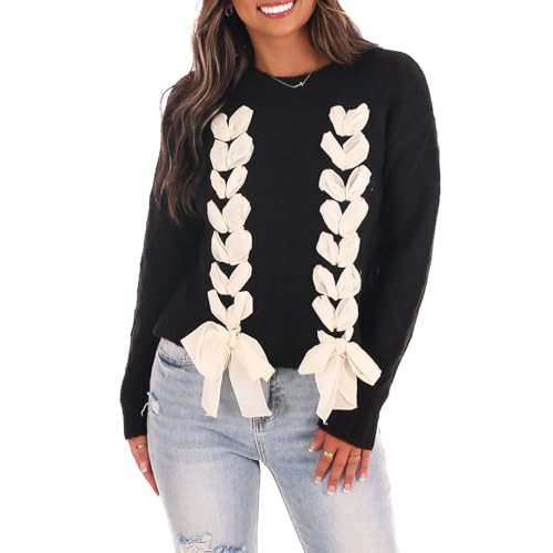Image of Women Ribbon Sweater Cute Bow Tie Long Sleeve Knit Pullover Winter Casual Crew Neck Cable Knitted Top Streetwear