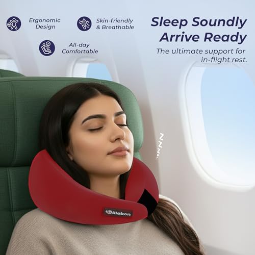 Image of Billebon Gel Infused Memory Foam Neck Pillow with Case, Travel Pillow with Adjustable Velcro Straps, Neck Pillow for Travelling & Flight Travel, Ergonomic Support for Comfort & Pain Relief (Red)