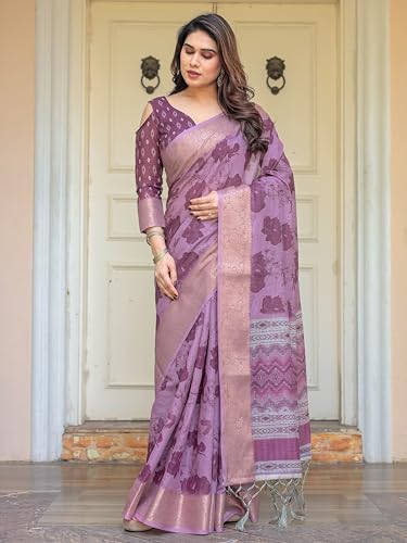 Image of ALMAARI FASHION Floral Printed Cotton Saree for Women with Handloom Zari Weave, Traditional Lightweight Ethnic Saree for Wedding Festive Office Party with Blouse Piece (LINEN 81-90 SH)